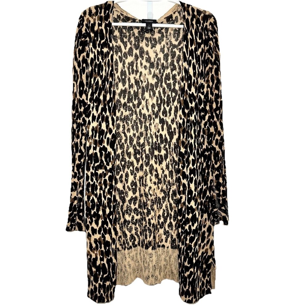 Halogen Leopard Print Linen Blend Open Front Cardigan Duster Small